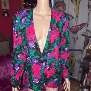 Vibrant Floral Women's Blazer - Black, Pink, Green